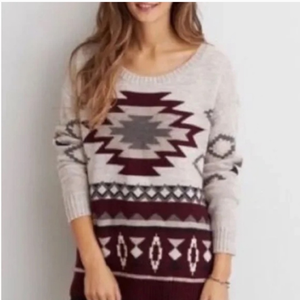 American Eagle Aztec Sweater Medium Cream Burgundy Southwestern Boho